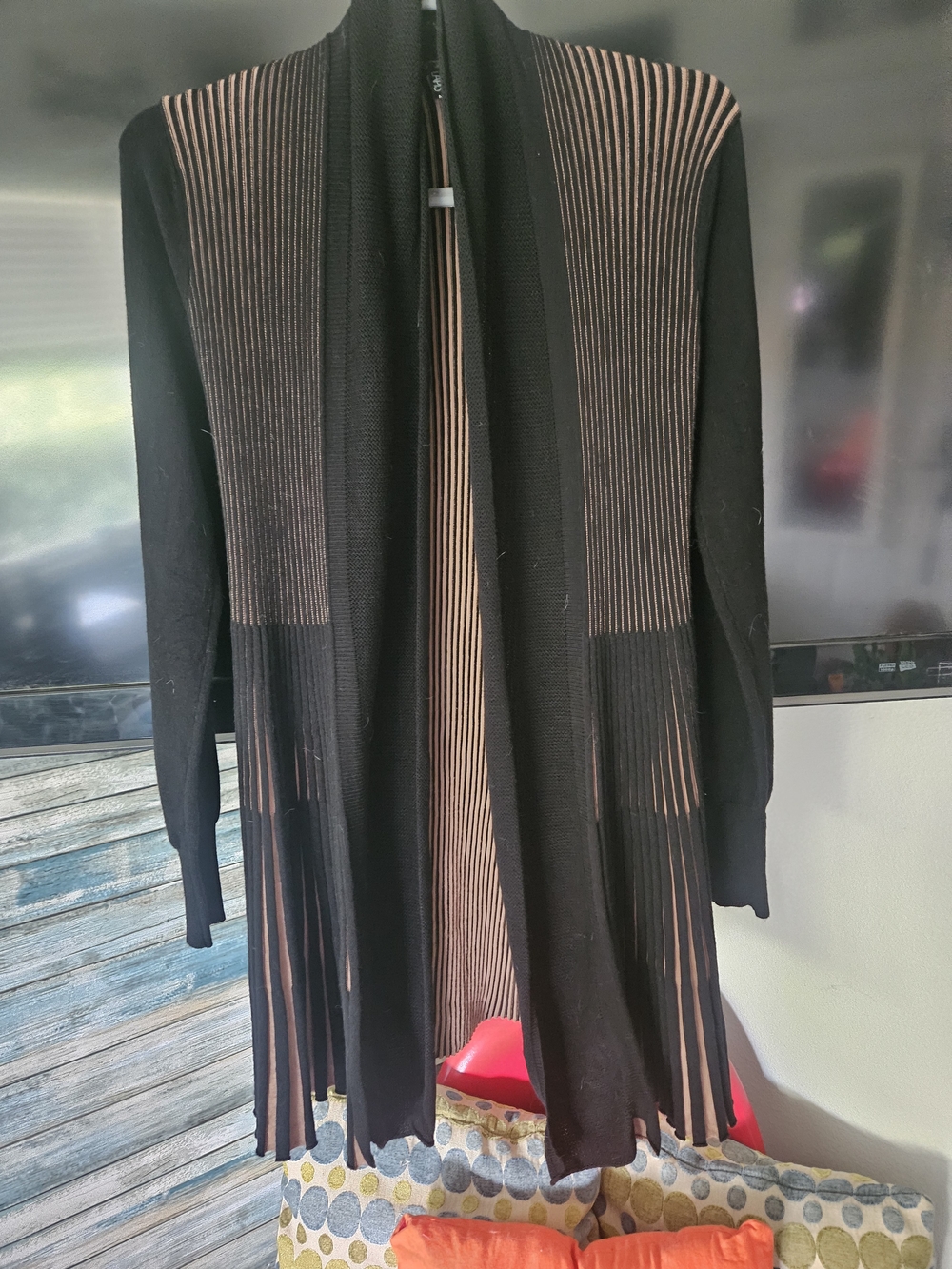 Lapis Black and Brown Ribbed Open-Front Long Cardigan